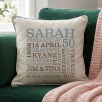 Personalised 50th Birthday Word Art Cushion