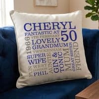 Personalised 50th Birthday Word Art Cushion