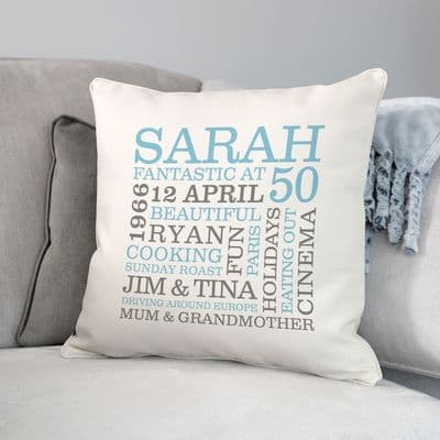 Personalised 50th Birthday Word Art Cushion