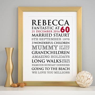 Personalised 60th Birthday Typographic Art Print