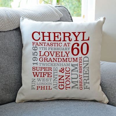Personalised 60th Birthday Word Art Cushion