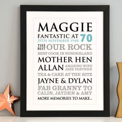 Personalised 70th Birthday Typographic Art Print