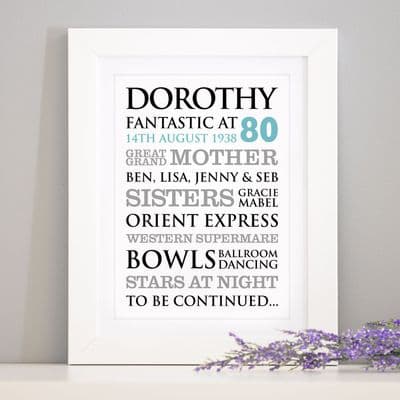 Personalised 80th Birthday Typographic Art Print