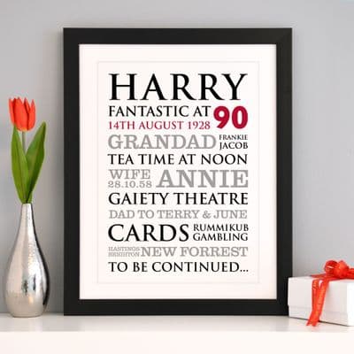 Personalised 90th Birthday Typographic Art Print