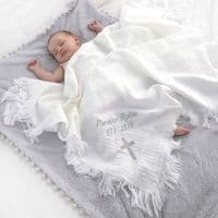 Personalised Baby Christening Silver Embroidered Shawl