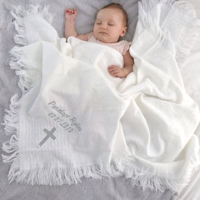 Personalised Baby Christening Silver Embroidered Shawl