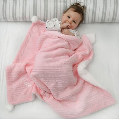 Personalised Baby Pink Cable Knit Pom Pom Blanket