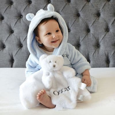 Personalised Blue Baby Gown And Teddy Comforter Set
