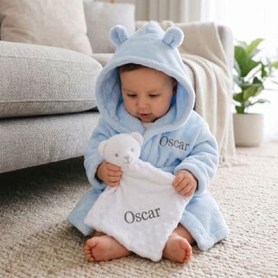 Personalised Blue Baby Gown And Teddy Comforter Set