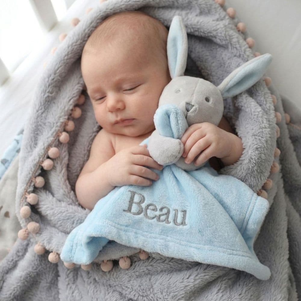 Personalised Blue Bunny Rabbit Baby Comforter