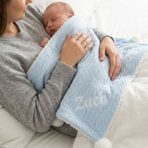 Personalised Blue Cable Knit Pom Pom Blanket