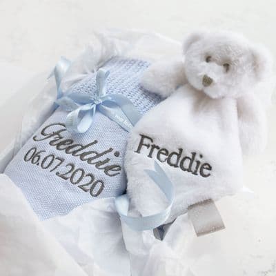 Personalised Blue Cellular Blanket And Comforter Hamper