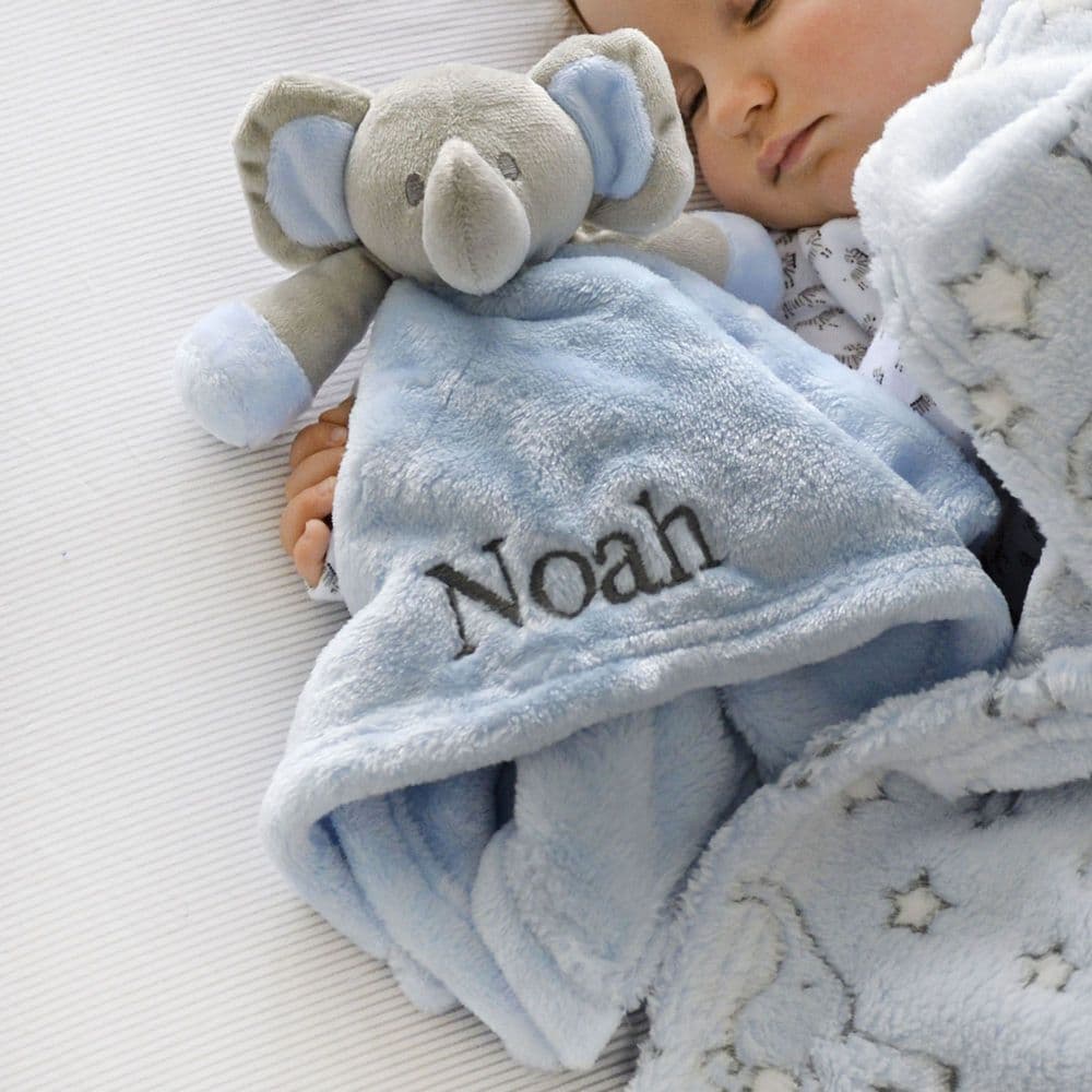 Personalised Blue Elephant Baby Comforter