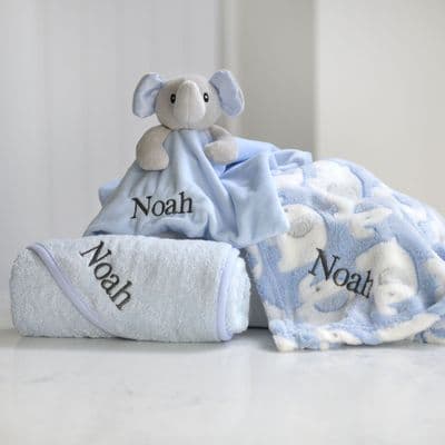 Personalised Blue Elephant Blanket, Comforter And Towel