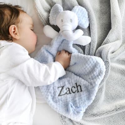 Personalised Blue Elephant With Bow Baby Comforter