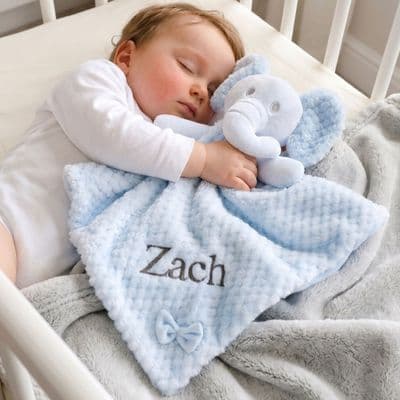 Personalised Blue Elephant With Bow Baby Comforter