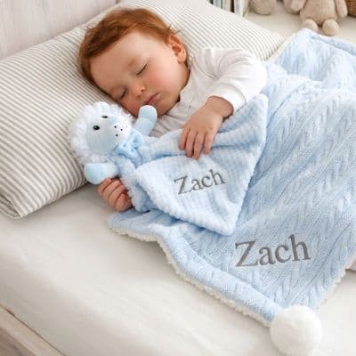 Personalised Blue Sherpa Blanket And Lion Comforter Set