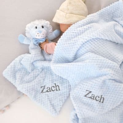 Personalised Blue Waffle Blanket And Lion Comforter Set