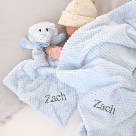 Personalised Blue Waffle Blanket And Lion Comforter Set