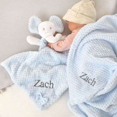 Personalised Blue Waffle Blanket Elephant Comforter Set