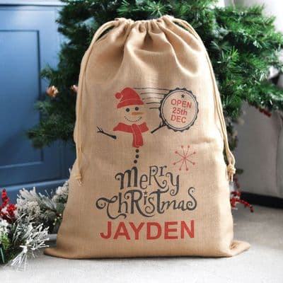 Personalised Christmas Snowman Hessian Santa Sack