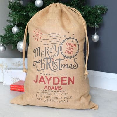 Personalised Christmas Stamp Hessian Sack