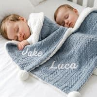 Personalised Dusty Blue Cable Knit Pom Pom Blanket