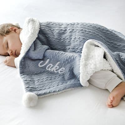 Personalised Dusty Blue Cable Knit Pom Pom Blanket