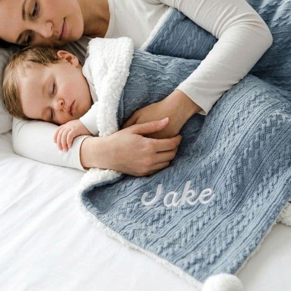 Personalised Dusty Blue Cable Knit Pom Pom Blanket