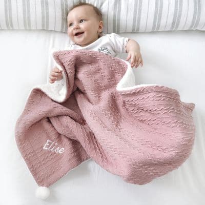 Personalised Dusty Pink Cable Knit Pom Pom Blanket