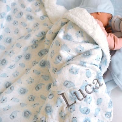 Personalised Elephant Blue And White Sherpa Baby Blanket