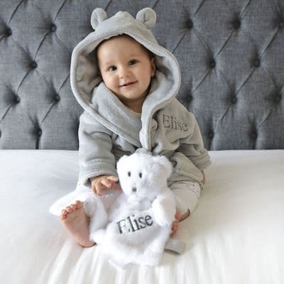 Personalised Grey Baby Gown And Teddy Comforter Set