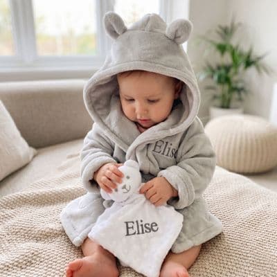 Personalised Grey Baby Gown And Teddy Comforter Set