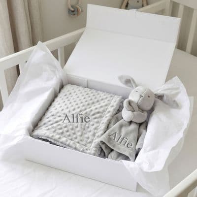 Personalised Grey Bobble Blanket And Grey Bunny Comforter Set