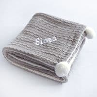 Personalised Grey Cable Knit Pom Pom Blanket