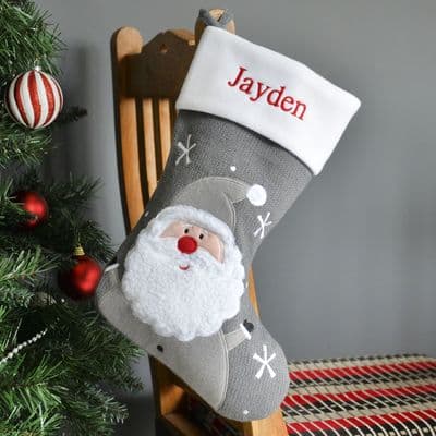 Personalised Grey Knitted Santa Christmas Stocking