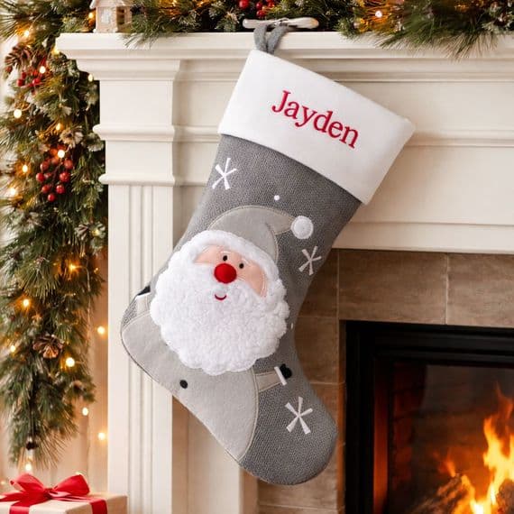 Personalised Grey Knitted Santa Christmas Stocking