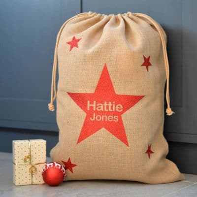 Personalised Metallic Star Hessian Christmas Sack
