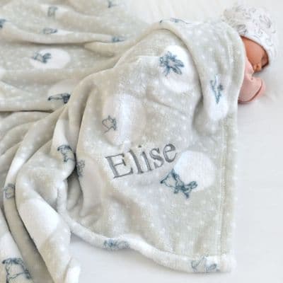 Personalised Peter Rabbit Grey Baby Blanket