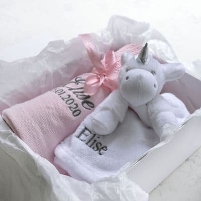 Personalised Pink Blanket And Unicorn Comforter Hamper