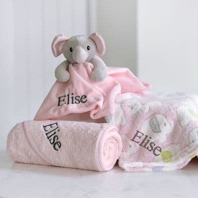 Personalised Pink Elephant Blanket, Comforter And Towel