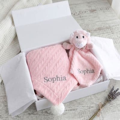 Personalised Pink Sherpa Blanket And Lion Comforter Set