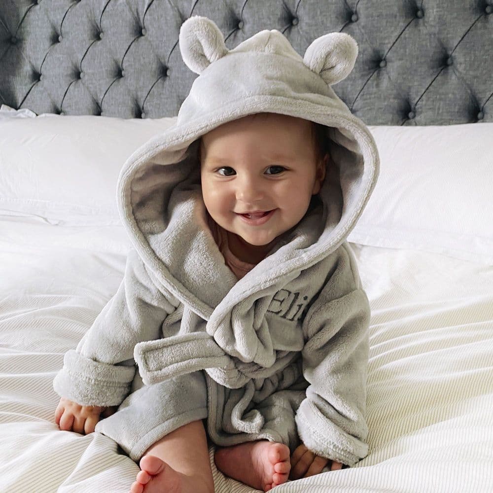 Personalised Soft Baby Grey Dressing Gown With Ears