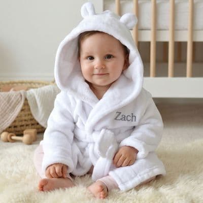 Personalised Soft Baby White Dressing Gown With Ears