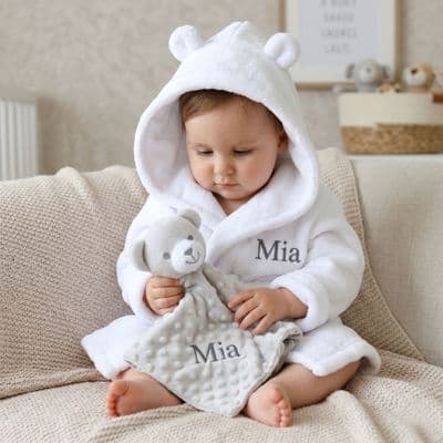 Personalised White Baby Gown And Teddy Comforter Set