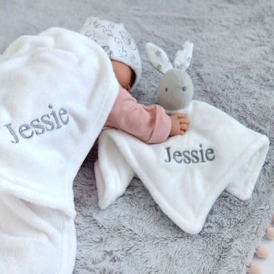 Personalised White Bunny Comforter And White Blanket Set