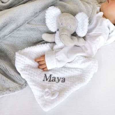 Personalised White Elephant With Bow Baby Comforter