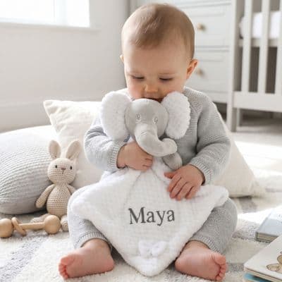 Personalised White Elephant With Bow Baby Comforter