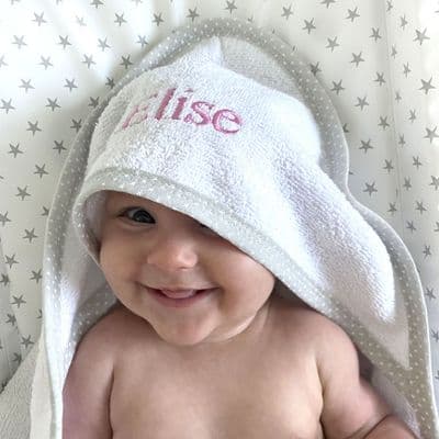Personalised White Hooded Baby Towel With Grey Trim