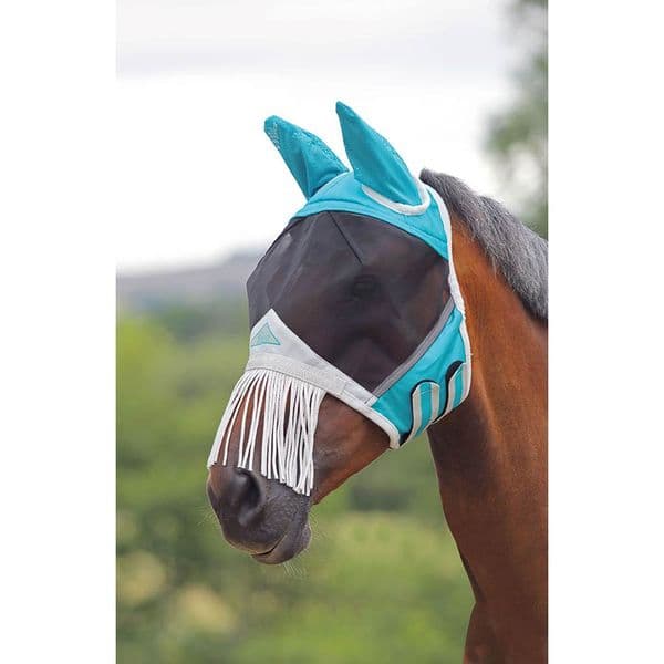 Shires FlyGuard Pro Fine Mesh Fly Mask with Nose Fringe - Teal